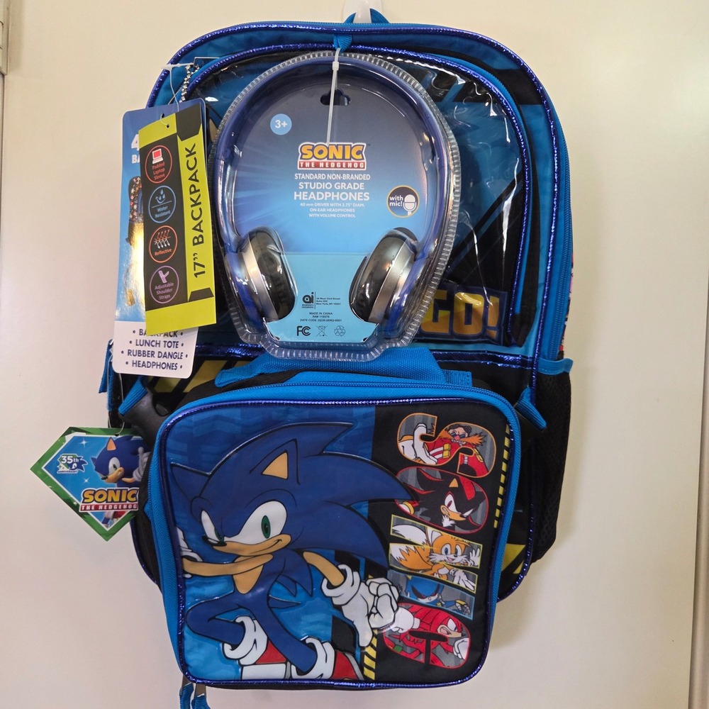 Sonic the Hedgehog 4 Piece Backpack Set 17in Bag Lunch Tote Headphones New